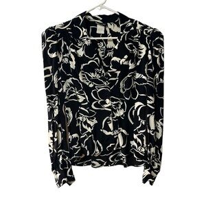 Vintage Carole Little For Saint Tropez West Black White Floral Blouse Top Size 6